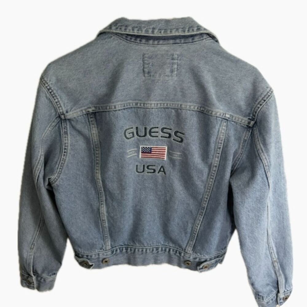 Vintage 90s Y2K Guess Jeans USA Flag Light Wash Denim Trucker Jacket Small